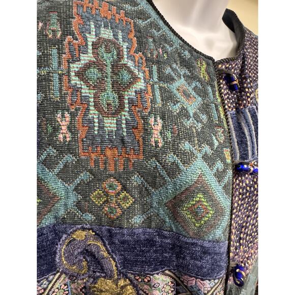 Indigo Moon Womens Jacket Patchwork Blue Green Gold Floral Tapestry Eclectic - Picture 3 of 9